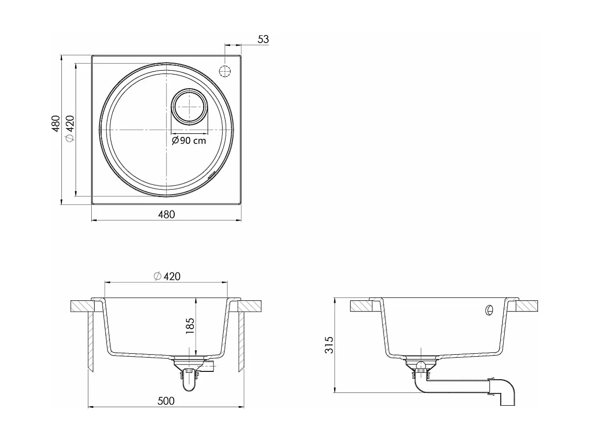 Évier de cuisine avec noire 48 x 48 x 19.7 cm 02_0002385