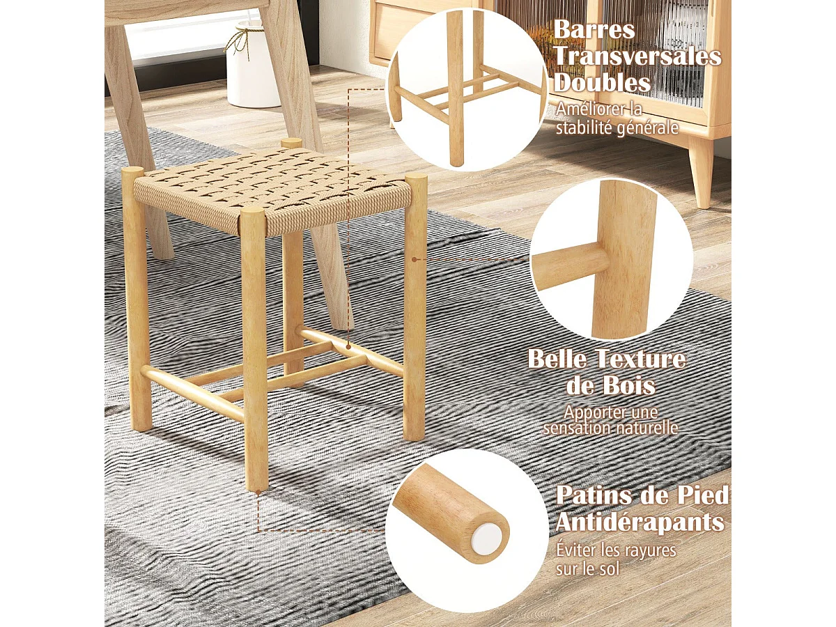 Conjunto de 2 bancos de bar com estrutura de madeira de borracha de 45 cm e assento de papel tecido banco rústico natural sem encosto 20_0006724