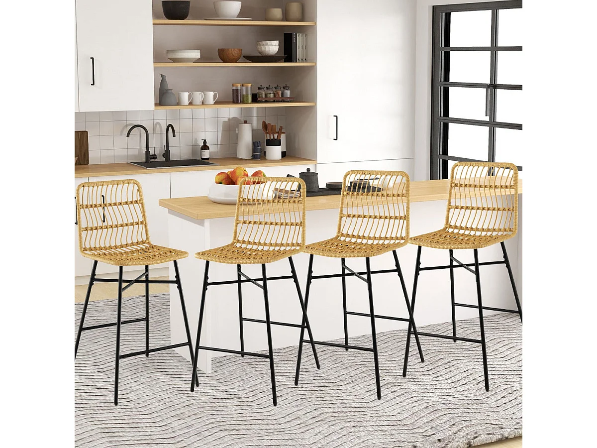 Conjunto de bancos de bar com 2 bancos de couro sintético com encosto de vime - 69 cm de altura estilo natural 20_0005142