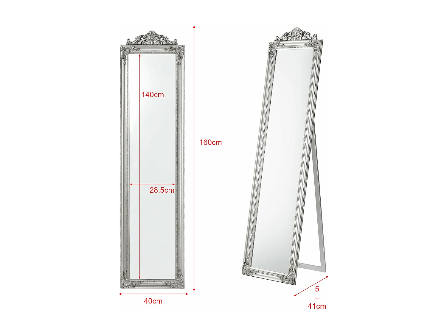 Specchio da terra inclinabile 160 x 40 cm argento 03_0007960