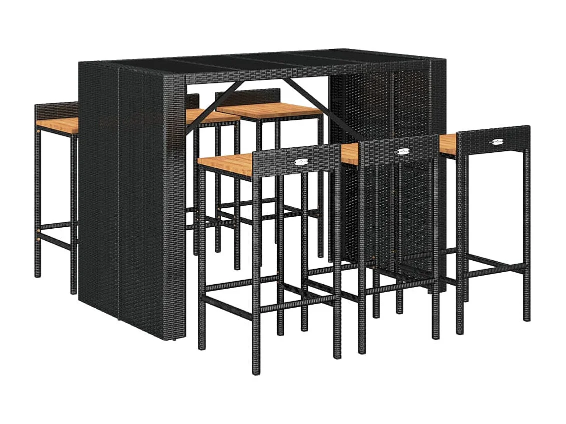 Set bar da giardino mobili da esterno terrazza 7 pezzi polyrattan nero/legno massiccio di acacia 02_0013489