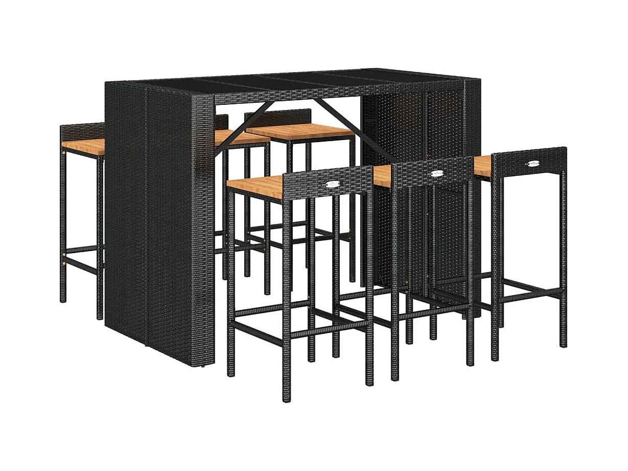 Set bar da giardino mobili da esterno terrazza 7 pezzi polyrattan nero/legno massiccio di acacia 02_0013489