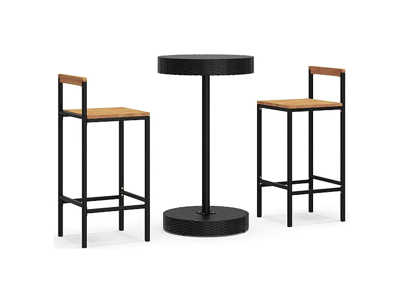 Set bar da giardino mobili da esterno terrazza 3 pezzi polyrattan nero/legno massiccio di acacia 02_0013478
