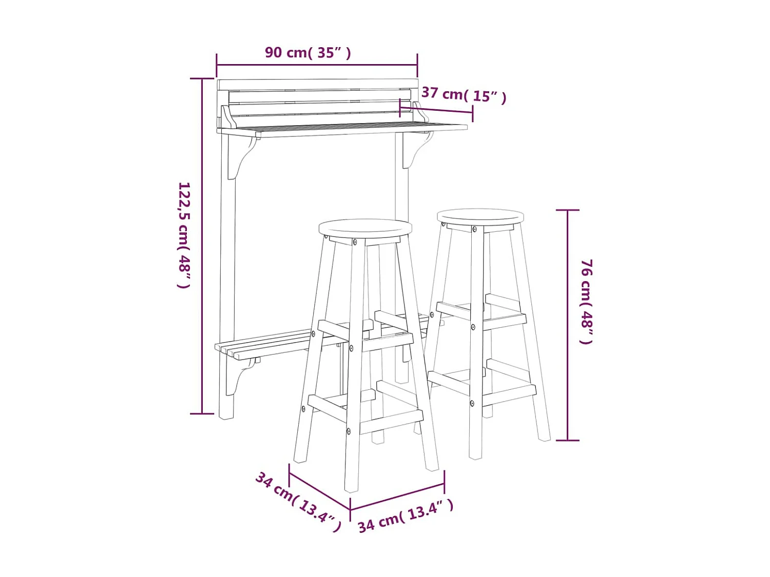 Ensemble de bar de bois marron 34 x 34 x 76 cm 02_0013357