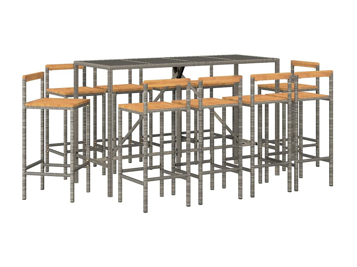Set bar da giardino mobili da esterno terrazza 11 pezzi polyrattan grigio/legno massiccio di acacia 02_0013471