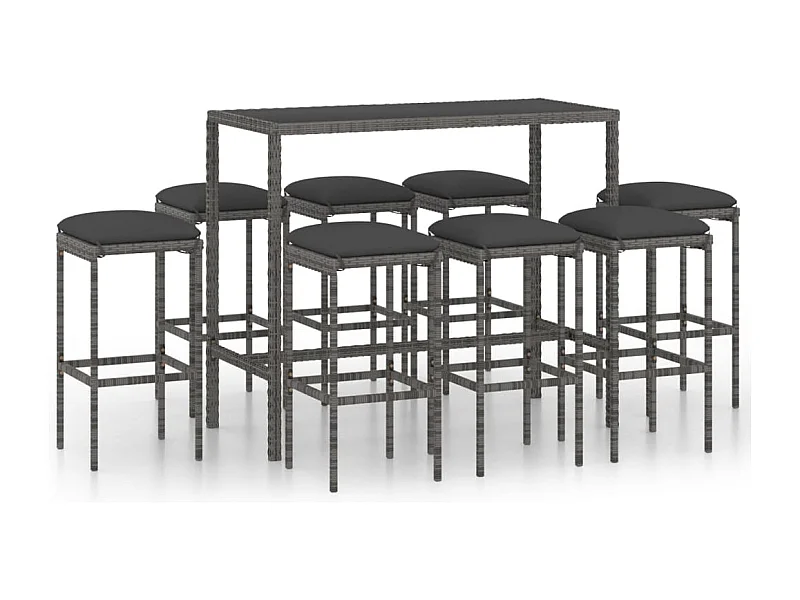 Conjunto de bar de jardín de 9 piezas y cojines de resina tejida gris 02_0013447