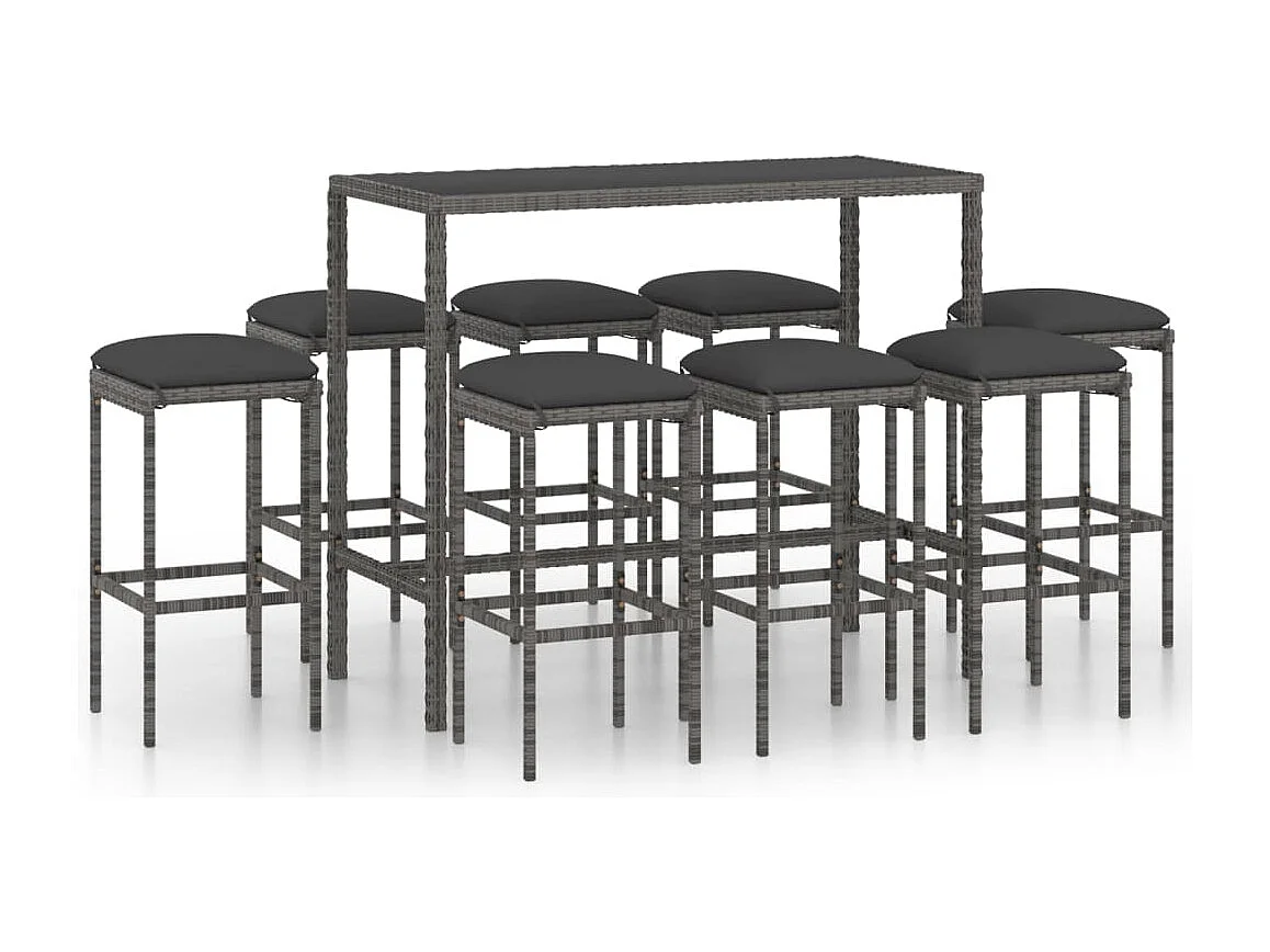 Conjunto de bar de jardín de 9 piezas y cojines de resina tejida gris 02_0013447