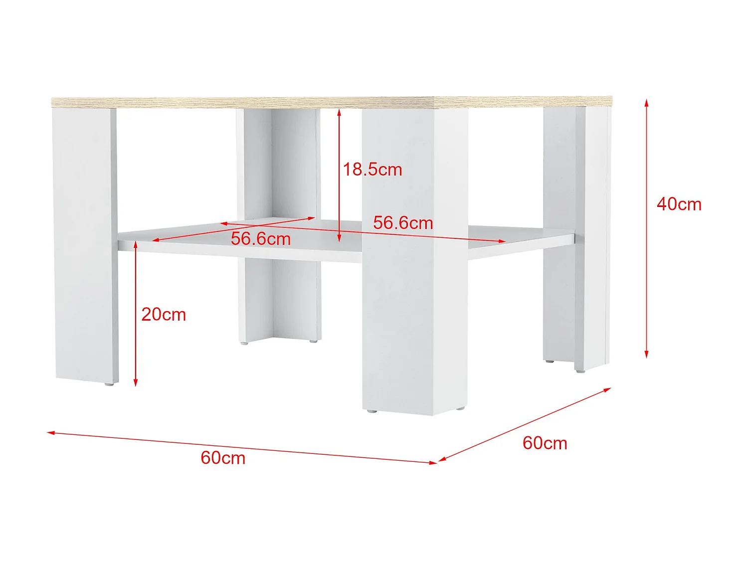 Mesa de centro de salón 60 x 60 x 40 cm blanco y efecto roble 03_0008432