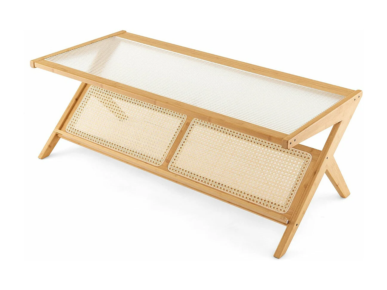 Mesa de centro de bambú mesa auxiliar con tapa de vidrio templado revistero de ratán tejido a mano mesa de centro de diseño natural en forma de Z 20_0004959