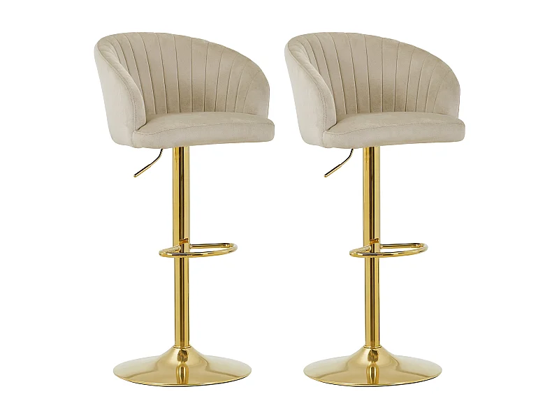 Lot de 2 tabourets de bar en velours et métal doré - Hauteur réglable - Beige - DORALIZ