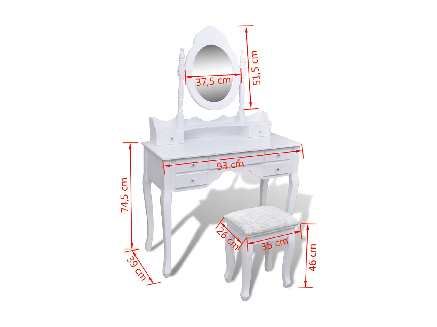 Tocador 93 x 39 x 74,5 cm con espejo y taburete 7 cajones blanco 02_0021269