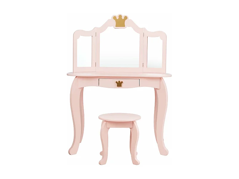 Tocador infantil con espejo triple tapa extraíble taburete incluido rosa 20_0004876