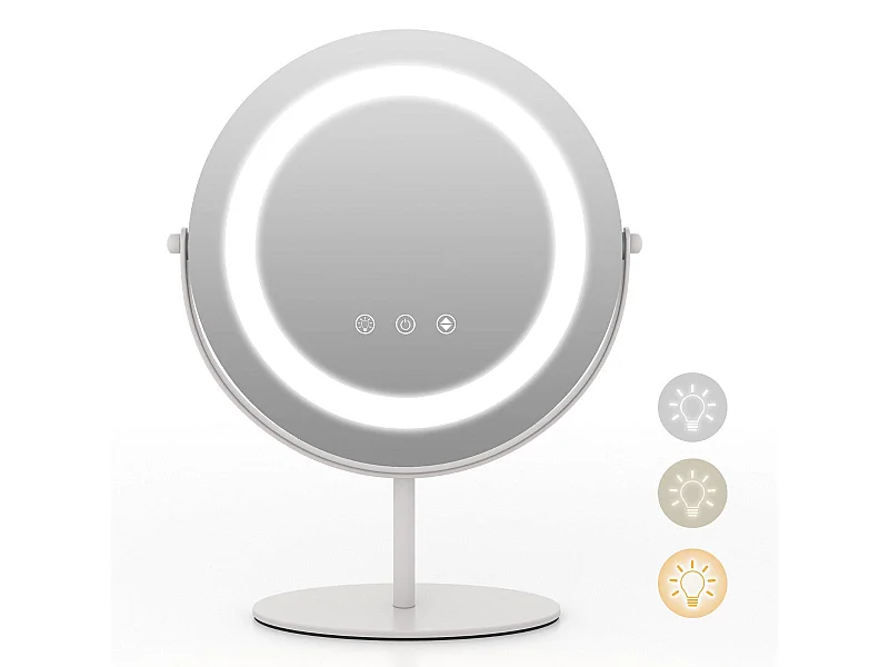 Specchio trucco rotondo 25cm orientabile luce led touch screen rotazione 360° funzione memory supporto in metallo bianco 20_0005049
