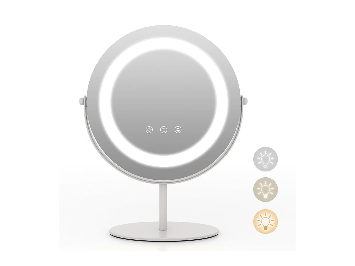 Espelho de maquiagem redondo, 25cm, luz led ajustável, tela sensível ao toque, rotação de 360 ​​°, função de memória, suporte de metal branco 20_0005049