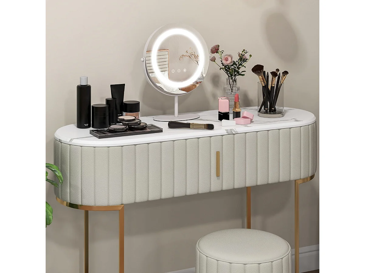 Espelho de maquiagem redondo, 25cm, luz led ajustável, tela sensível ao toque, rotação de 360 ​​°, função de memória, suporte de metal branco 20_0005049
