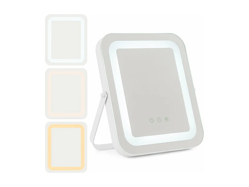 Espejo de maquillaje cuadrado 25x30cm Luz LED ajustable Pantalla táctil Rotación 360° Función de memoria Soporte metálico 20_0005048