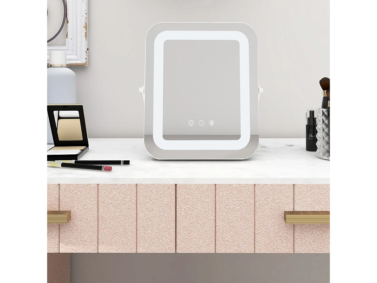 Espejo de maquillaje cuadrado 25x30cm Luz LED ajustable Pantalla táctil Rotación 360° Función de memoria Soporte metálico 20_0005048
