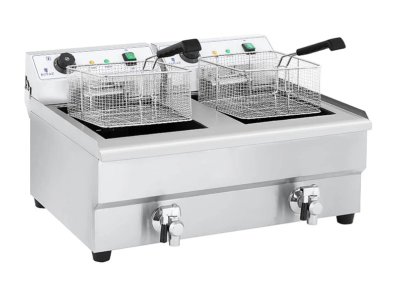 Friggitrice elettrica professionale doppia ristorante 2 x 3 200 watt 2 x 16 litri totali 2 x 12 litri termostato olio 2 rubinetti acciaio inox 14_0003982