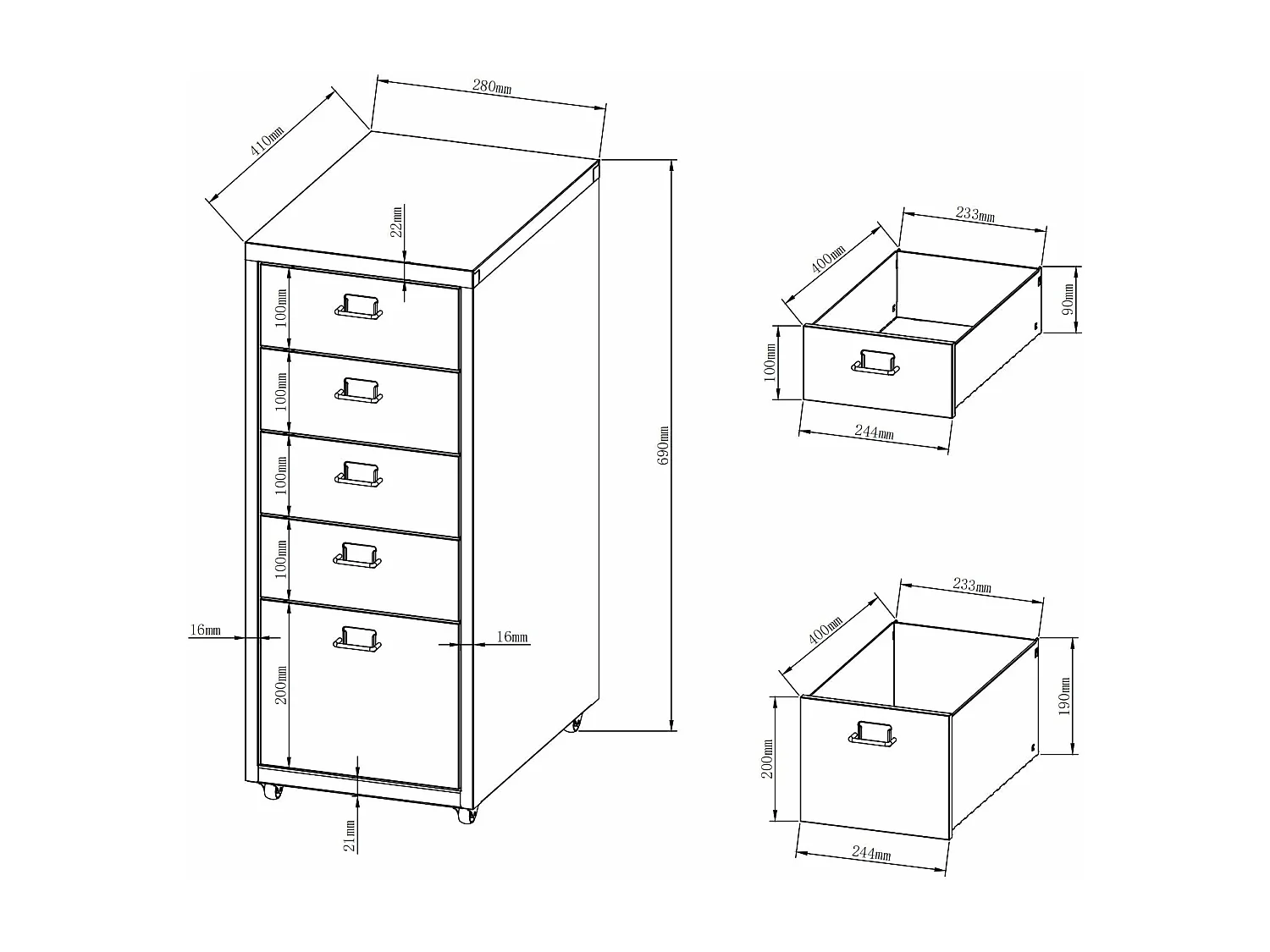 Mueble de oficina con pedestal para documentos, archivos, material de oficina, con ruedas, 5 cajones, 69 x 28 x 41 cm, gris 03_0006329