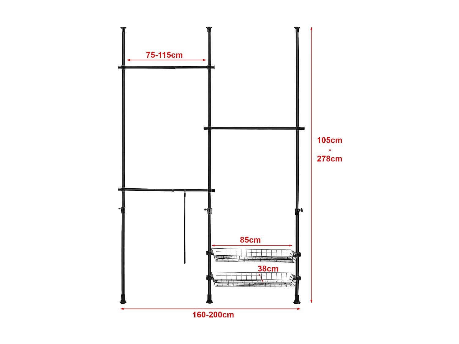 Penderie télescopique acier laqué noire 85 x 38 x 7 cm 03_0008158