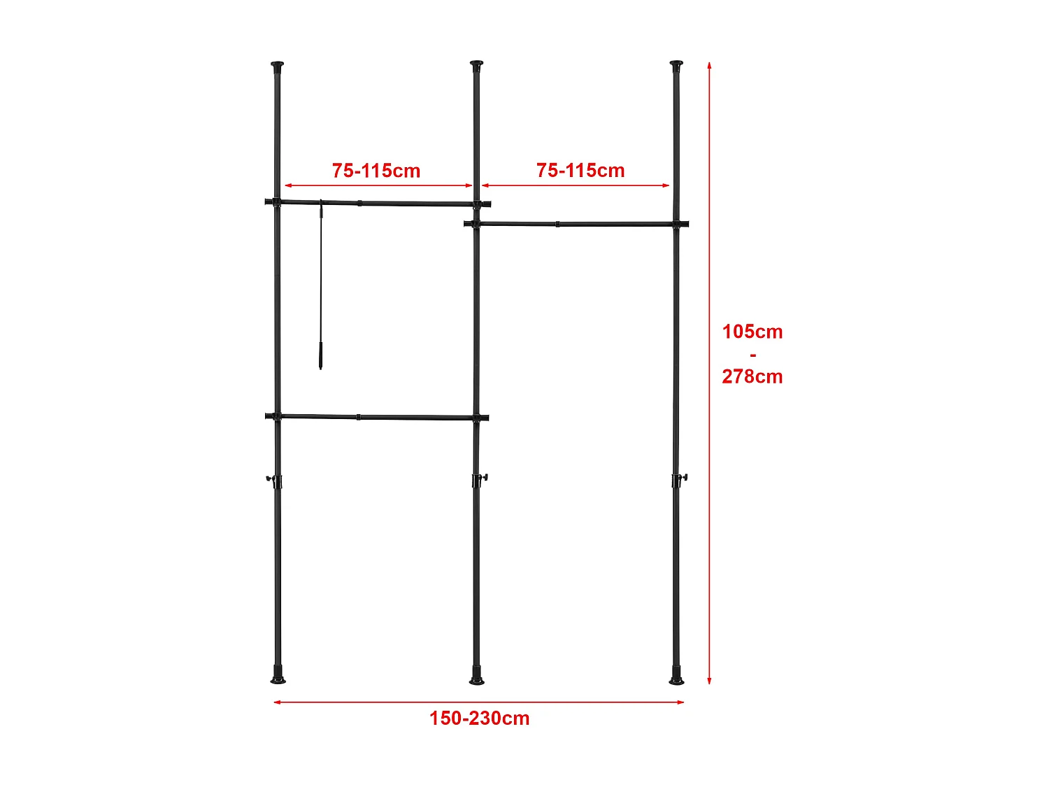 Armario telescópico de acero lacado 150 - 230 cm 3 barras de armario negras 03_0008156