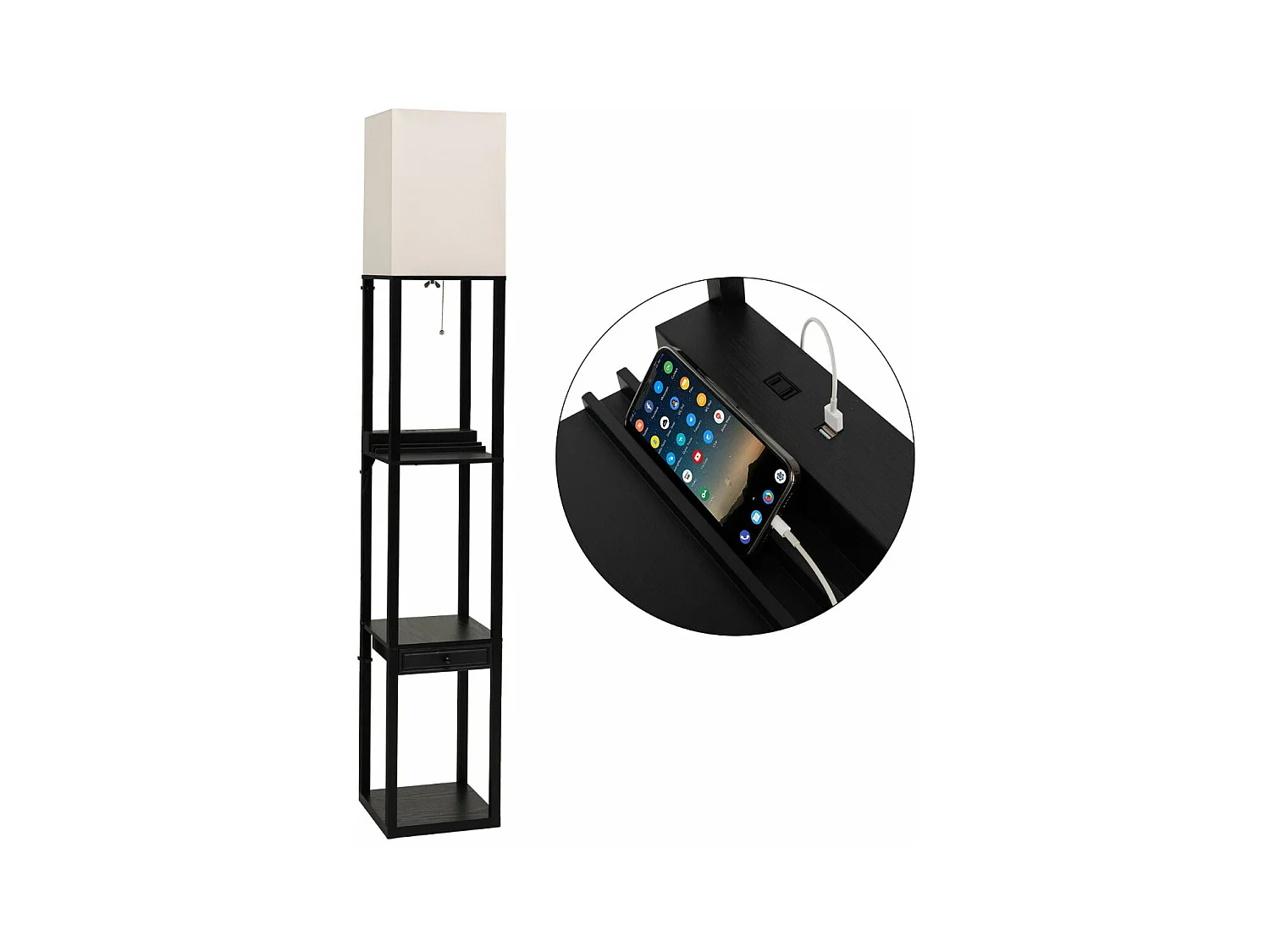 Lampada da terra soggiorno con lampadina LED 5000k luminosità a 3 livelli 1 cassetto e 1 porta USB 3 ripiani 25 x 25 x 159,5 cm 20_0009760