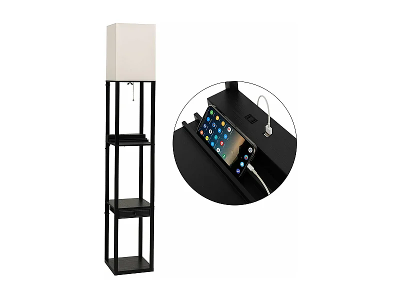 Candeeiro de pé para sala com brilho de lâmpada LED 5000k em 3 níveis 1 gaveta e 1 porta USB 3 prateleiras 25 x 25 x 159,5 cm 20_0009760