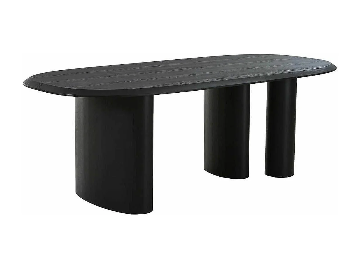 TANELIA - Table Repas Fixe Coins Arrondis 3 Pieds Placage Frêne Teinté Noir