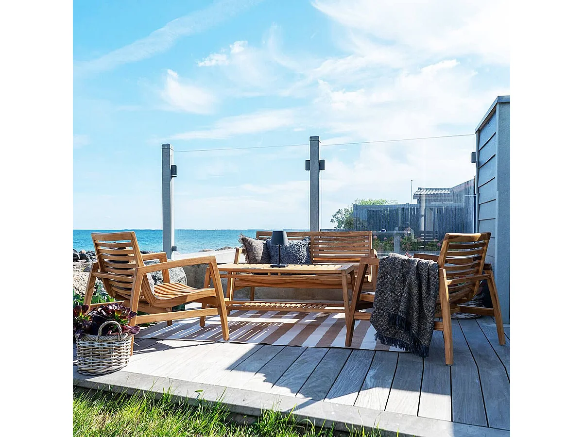 TECKER - Salon de Jardin Complet Table Basse en Teck Massif et Coussins Blancs