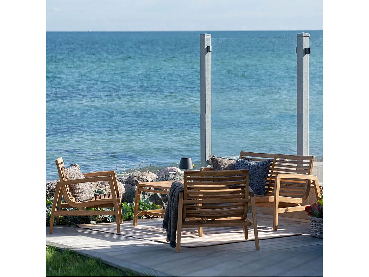 TECKER - Salon de Jardin Complet Table Basse en Teck Massif et Coussins Blancs