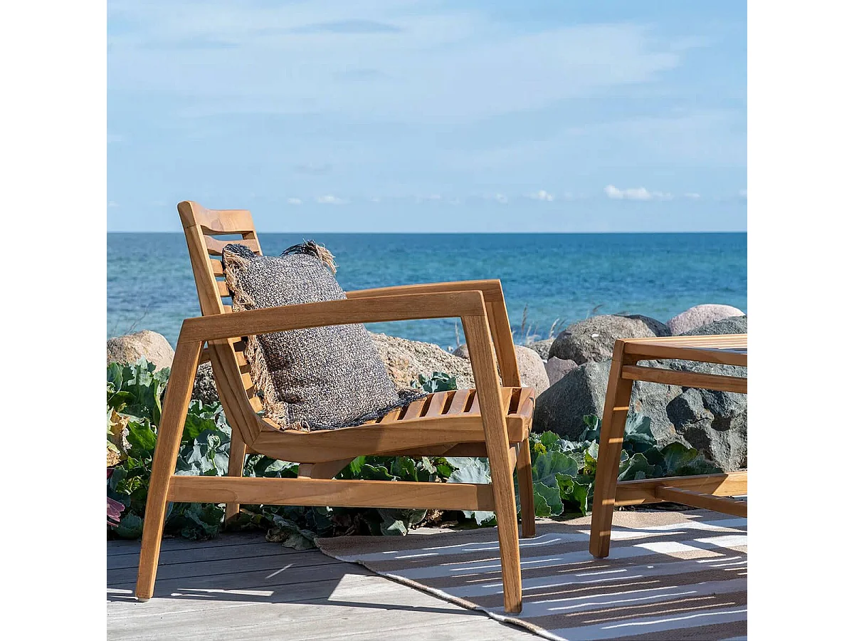 TECKER - Salon de Jardin Complet Table Basse en Teck Massif et Coussins Blancs