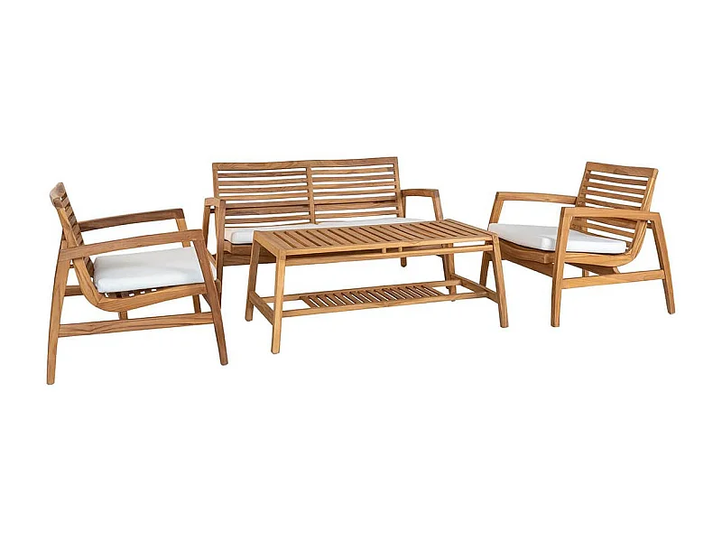 TECKER - Salon de Jardin Complet Table Basse en Teck Massif et Coussins Blancs