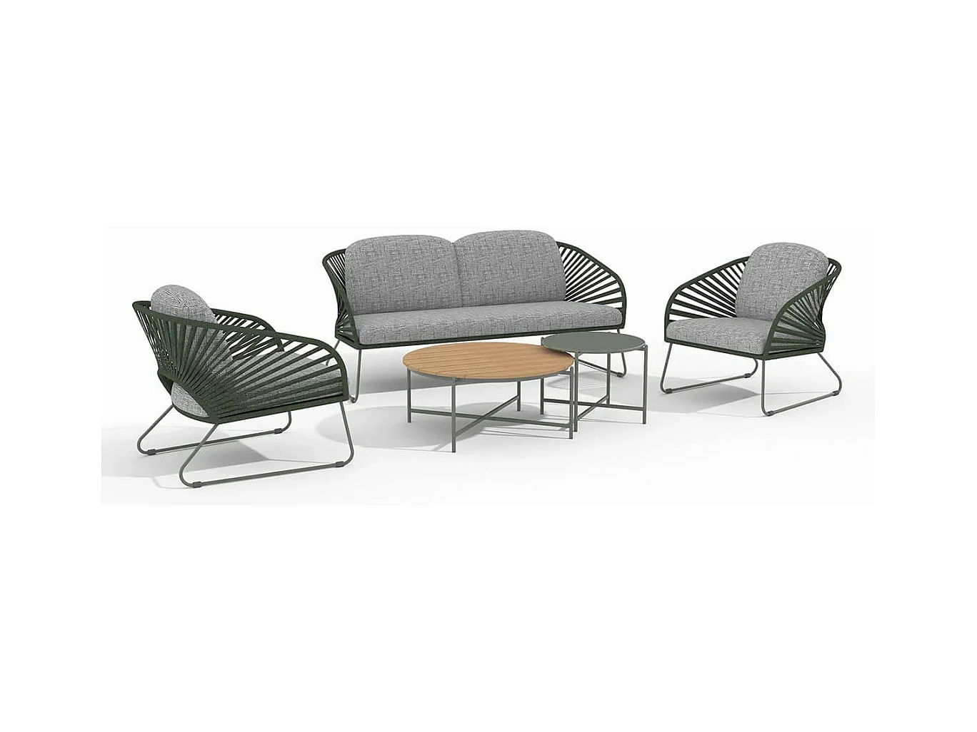 NOALIA - Salon de Jardin Complet Tables Gigogne Vert en Acier et Imitation Rotin