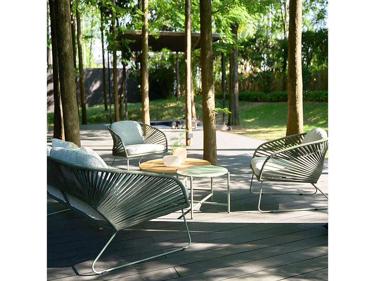 NOALIA - Salon de Jardin Complet Tables Gigogne Vert en Acier et Imitation Rotin