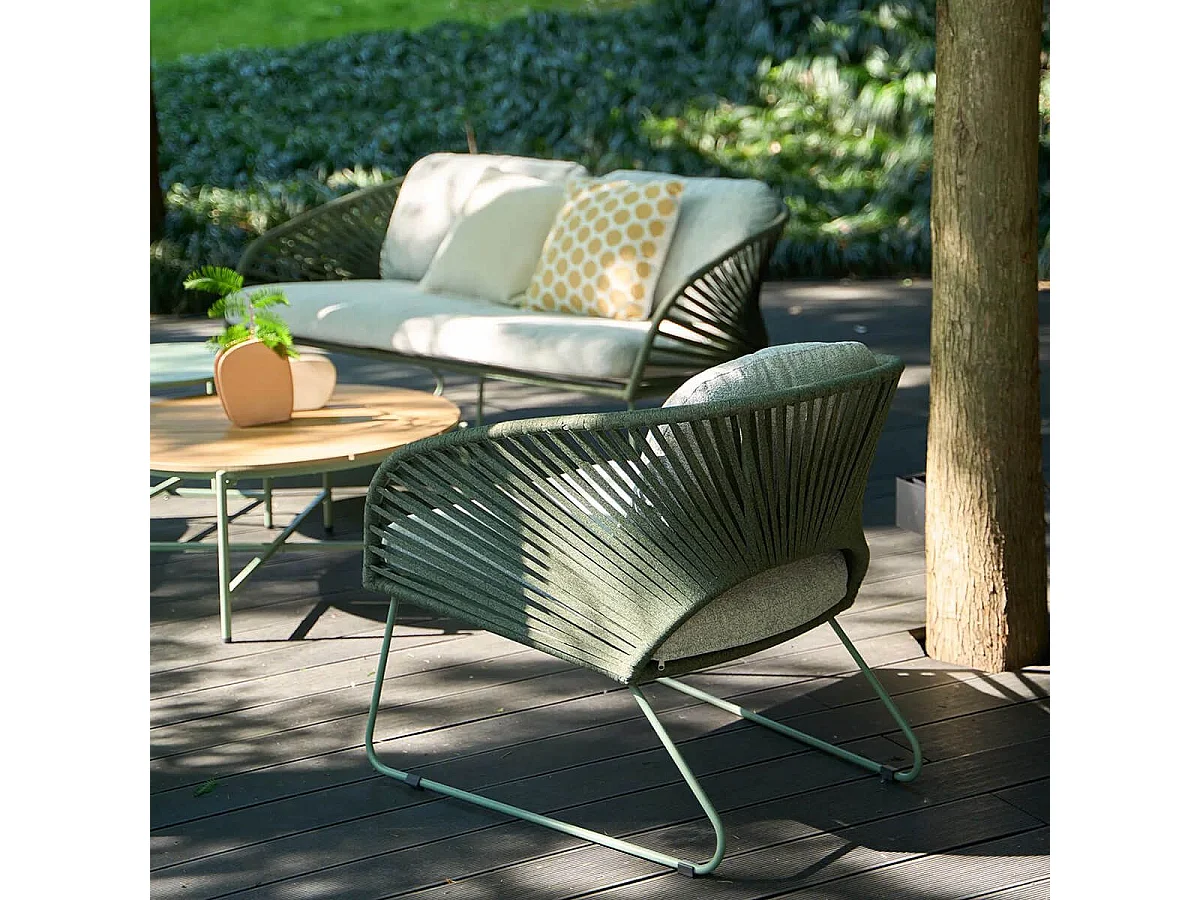 NOALIA - Salon de Jardin Complet Tables Gigogne Vert en Acier et Imitation Rotin