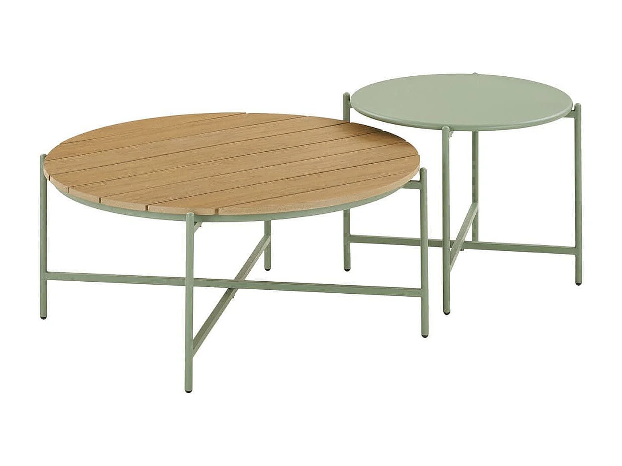 NOALIA - Salon de Jardin Complet Tables Gigogne Vert en Acier et Imitation Rotin