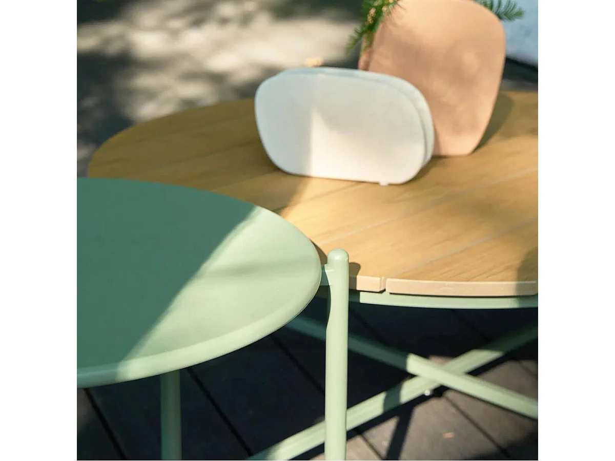 NOALIA - Salon de Jardin Complet Tables Gigogne Vert en Acier et Imitation Rotin