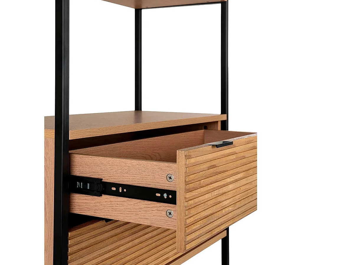 MAYLIS - Etagère avec 2 Tiroirs centraux Placage Frêne Structure Acier Noir