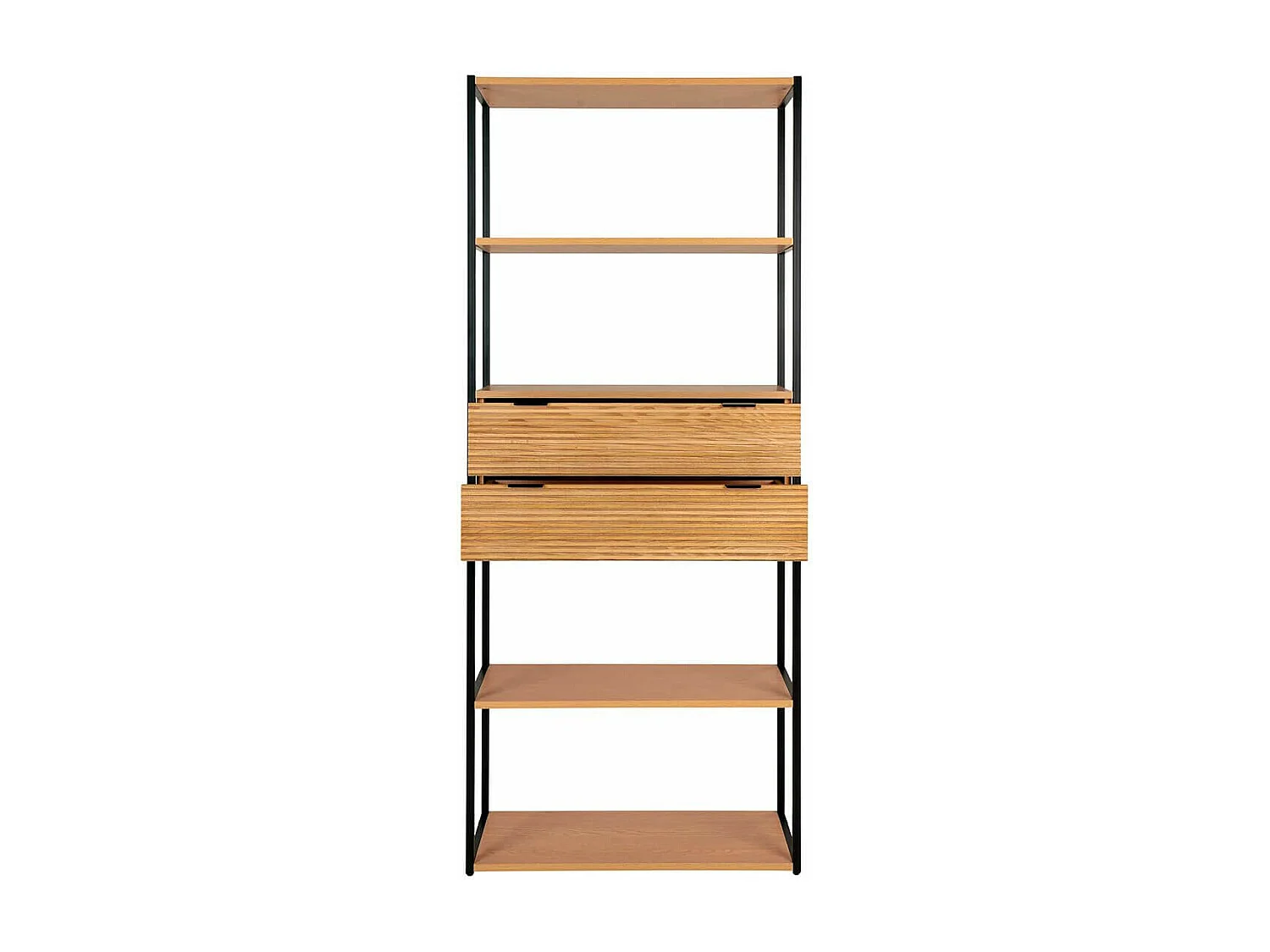 MAYLIS - Etagère avec 2 Tiroirs centraux Placage Frêne Structure Acier Noir