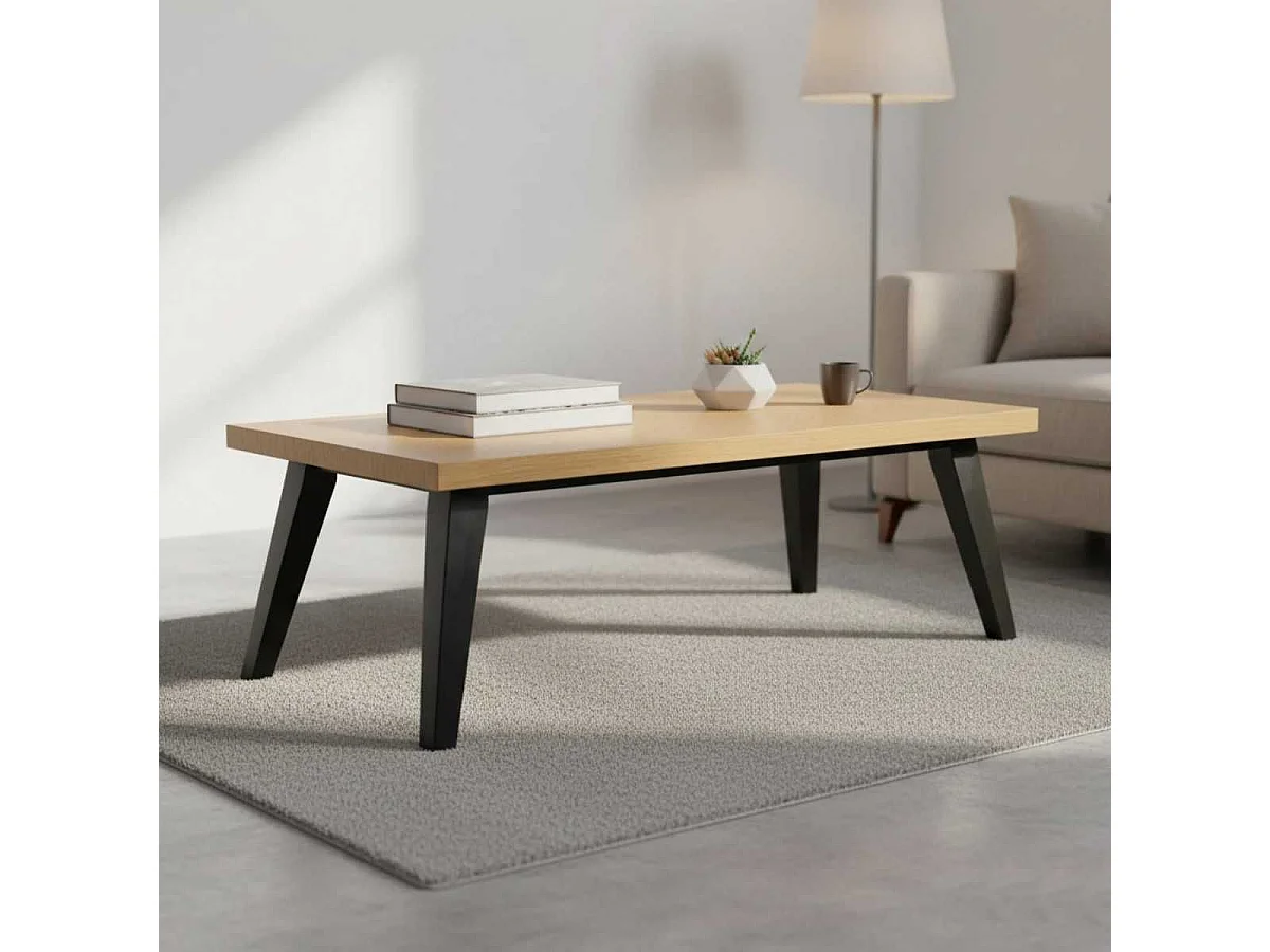 VIANA - Table basse Rectangulaire Placage Chêne à Motif Chevrons Pieds Teintés Noir