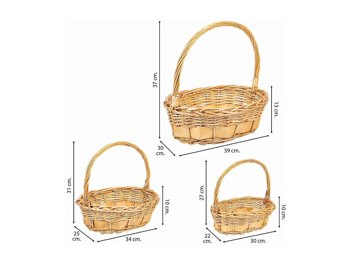 Set aus 3 Weidenkörben mit braunen Griffen