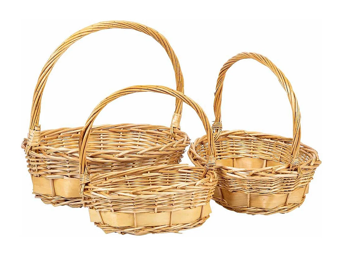 Set di 3 cestini in vimini con manici marroni