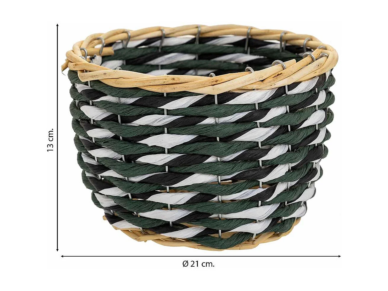 Cesto de madera y cuerda de papel verde D21x13