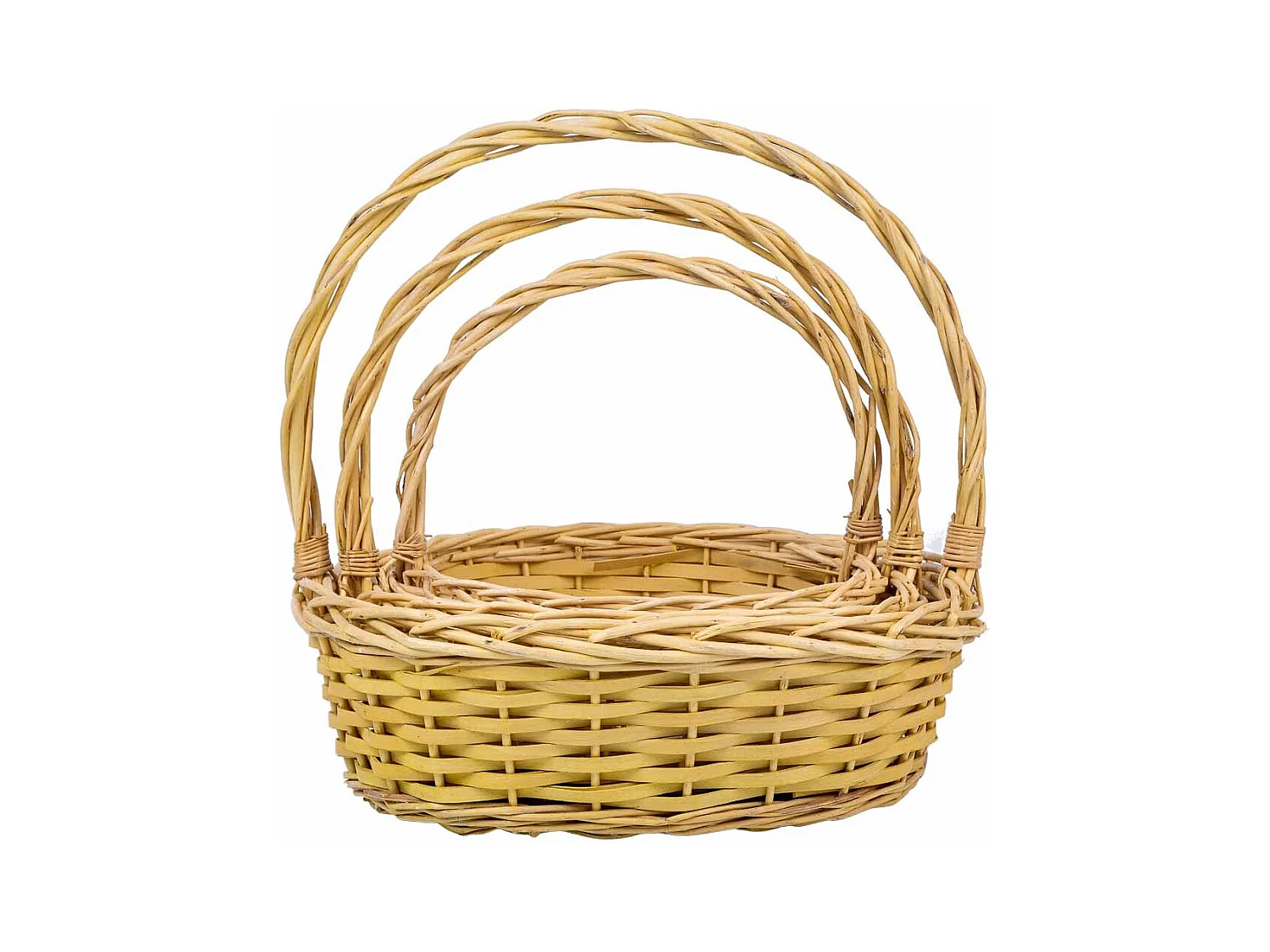 Set di 3 cestini in vimini con manici gialli