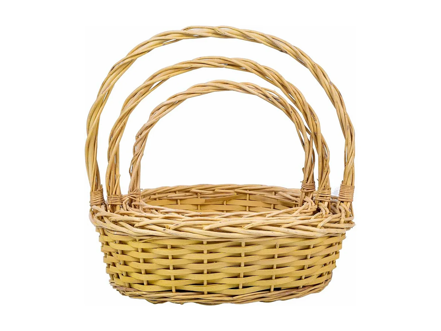 Conjunto de 3 cestos de vime com asas amarelas