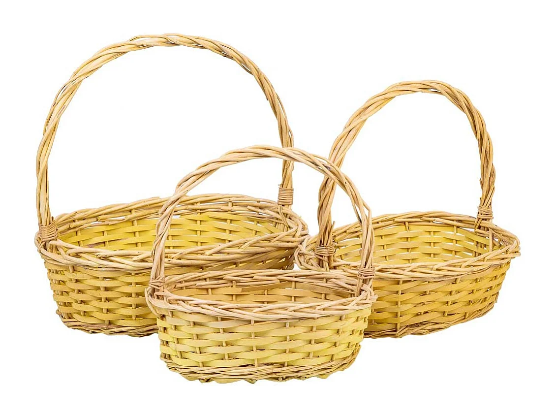 Conjunto de 3 cestos de vime com asas amarelas