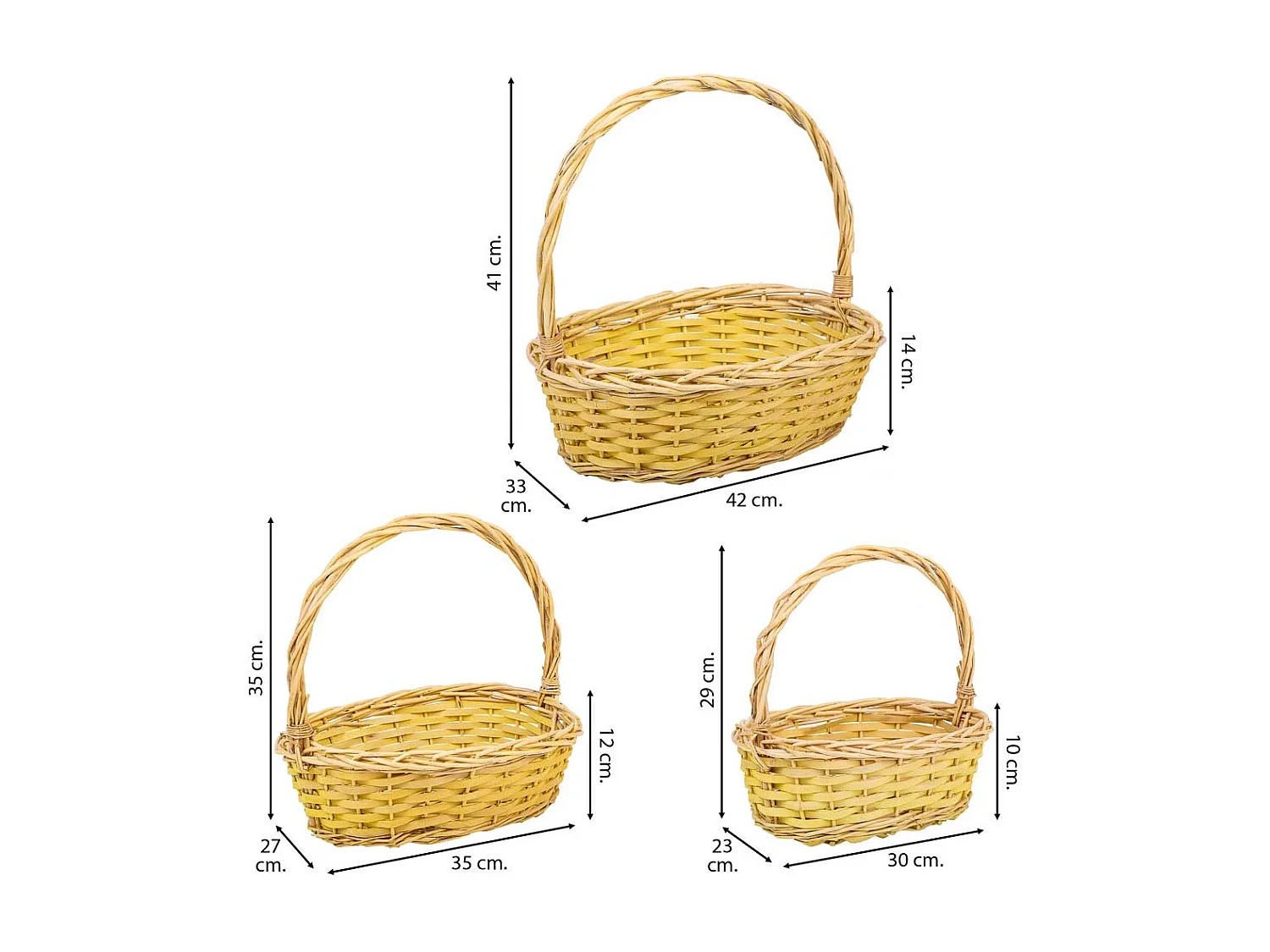 Conjunto de 3 cestos de vime com asas amarelas