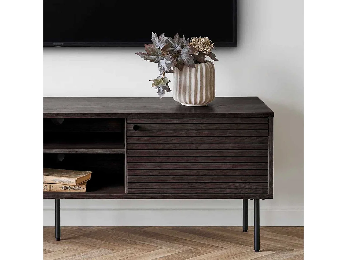 LOWAN - Meuble TV 2 Niches 2 Portes Effet Tasseaux Teinté Chêne Foncé