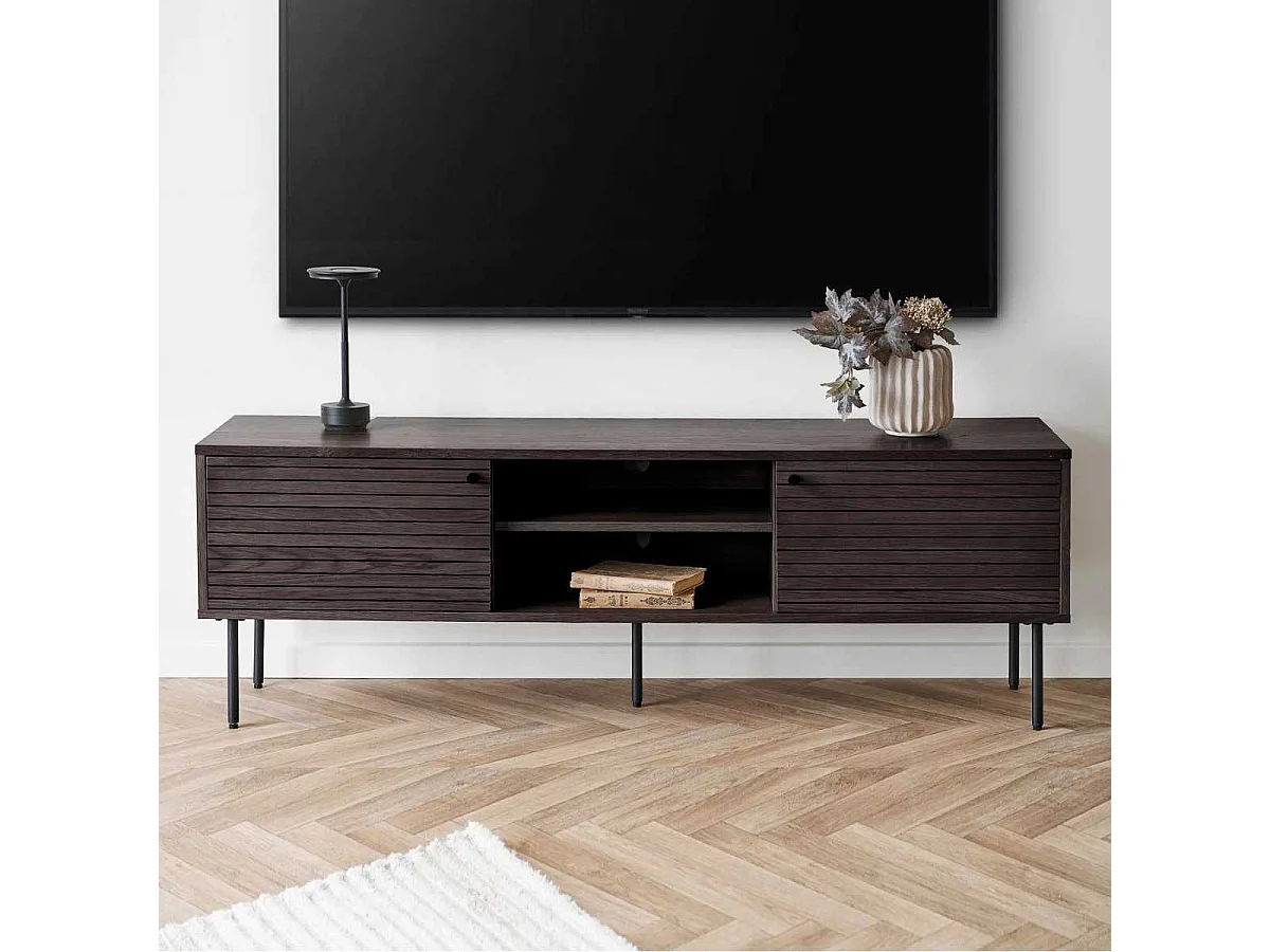 LOWAN - Meuble TV 2 Niches 2 Portes Effet Tasseaux Teinté Chêne Foncé