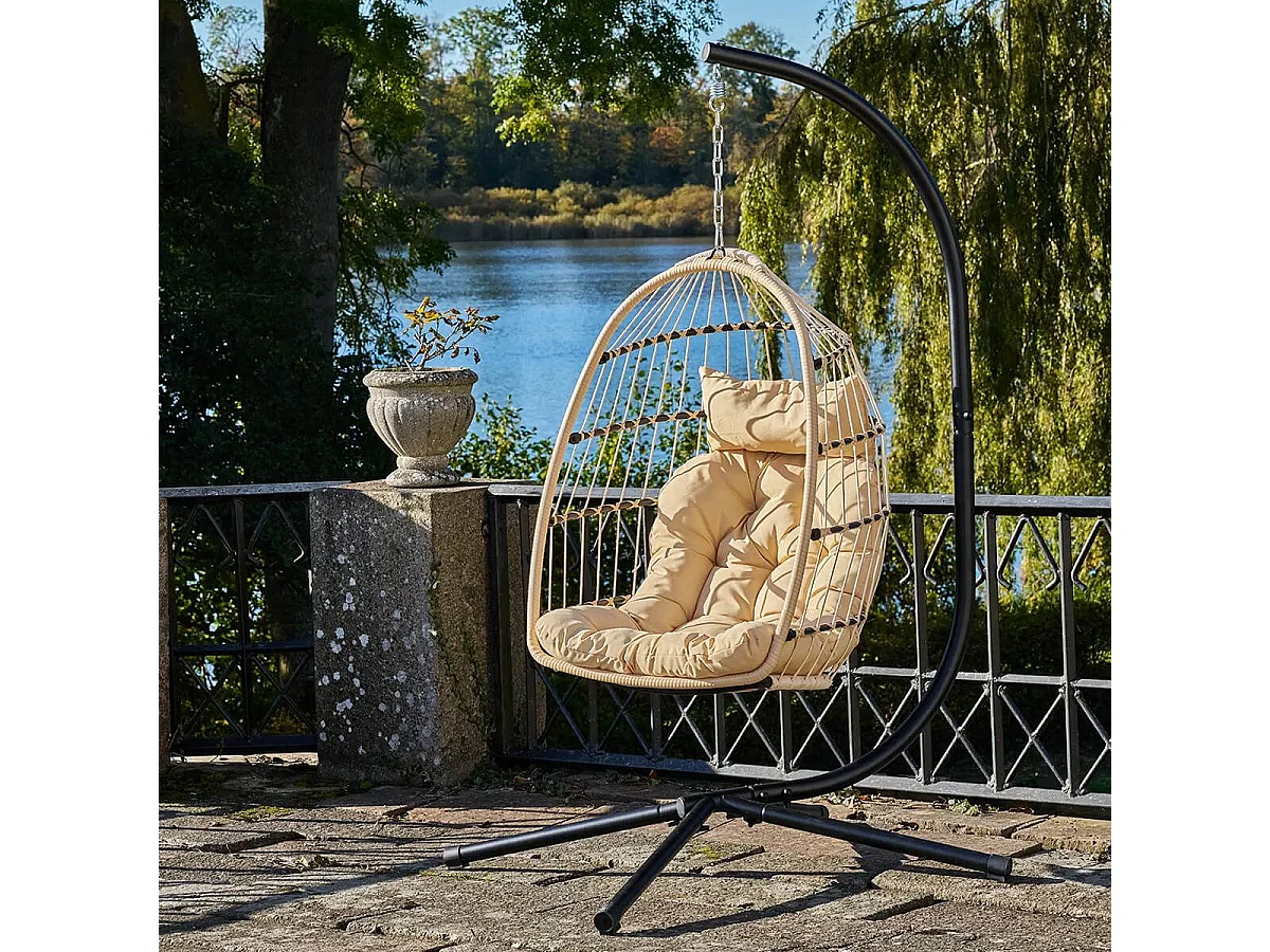 TOLIUM - Chaise suspendue avec Support en Acier + Rotin Synthétique et Corde